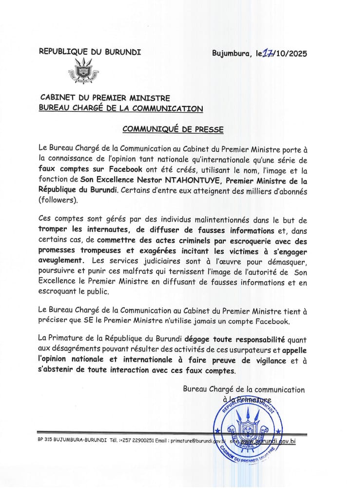 Le Bureau Chargé de la Communication à la Primature de la république du #Burundi fait un clin d'œil aux internautes utilisant le Facebook et qui interagissent avec les malfrats ayant usurpé le titre,le nom et l'image de Son Excellence <a href="/NtahontuyeN/">NTAHONTUYE Nestor</a>,le 1er Ministre,d'être vigilants