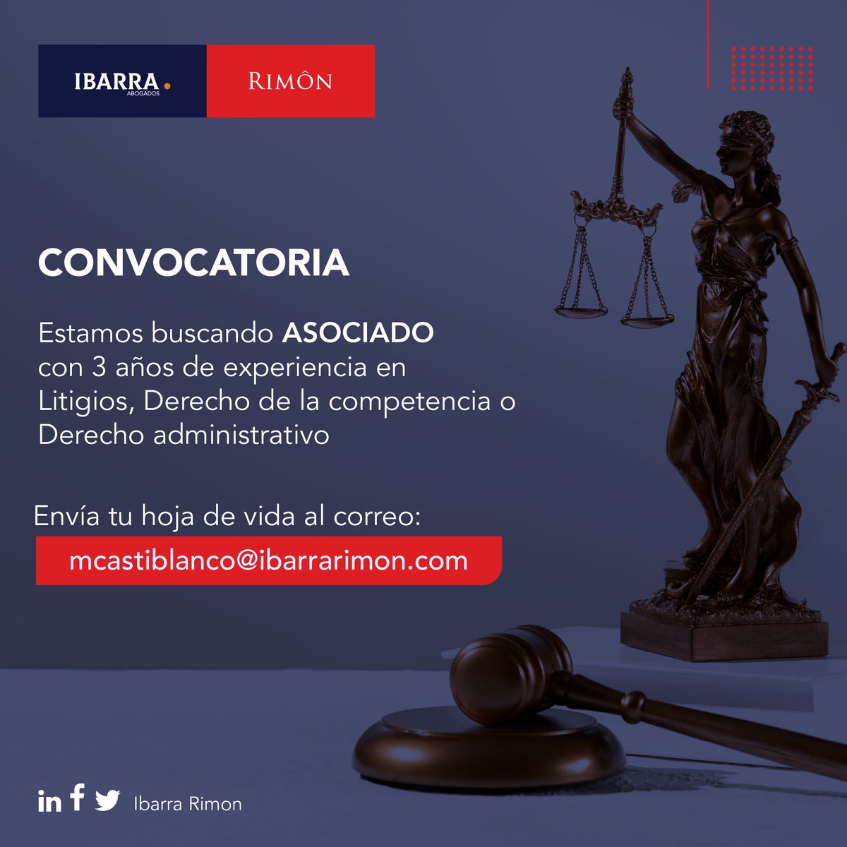 🔹Si estás interesado/a en hacer parte de nuestro equipo, envíanos tu hoja de vida al correo: mcastiblanco@ibarrarimon.com