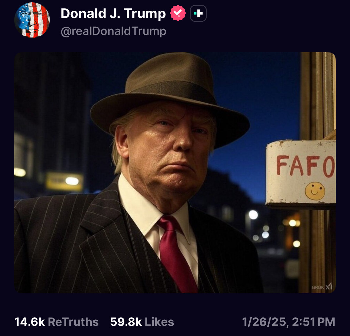 This timeline is so fucking crazy.  

                             FAFO 🙂

                            😂🤣🤣

truthsocial.com/@realDonaldTru…