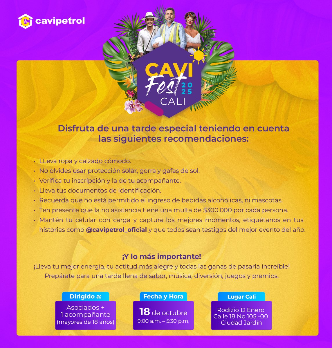 Cavipetrol's tweet photo. ¡Cali, nos vemos en el #CaviFest2025!

Disfruta una tarde llena de música, diversión y buena energía, pero antes revisa nuestras recomendaciones y alístate para vivir el evento más esperado del año.

#EvolucionamosContigo #Cavipetrol https://t.co/kxQA0bNK0g