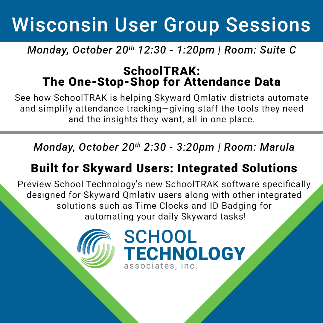 📢 We'll be presenting two sessions at the Wisconsin <a href="/Skyward_Inc/">Skyward</a> User Group Monday!

Join us to learn more about our Skyward integrated solutions to👇 
➡️Streamline employee time reporting
➡️Automate attendance recording
➡️Increase data accuracy

We can't wait to see you there!