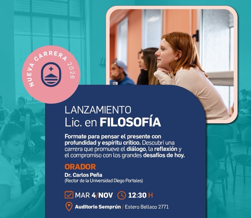 Tengo el gusto de comunicar que habrá lanzamiento de la Licenciatura en Filosofía de <a href="/UCUoficial/">Universidad Católica</a> con la presencia del filósofo chileno Carlos Peña. Martes 4/11 - 12:30 hrs. 
Aquí puede verse una excelente entrevista de <a href="/Hernan_Bonilla/">Hernán Bonilla</a> a Carlos Peña: 👉🏼 youtu.be/AgqRZLc1NGw.