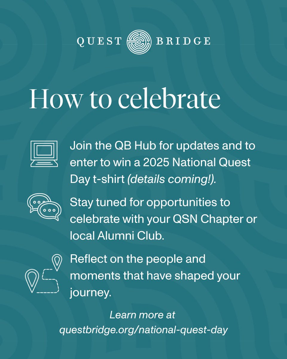 QuestBridge's tweet image. QB Scholars and Alumni: Get ready to celebrate your journey! 🎉 National Quest Day returns on November 12! Join in as we reflect and connect over shared journeys. Stay tuned for details — join the QB Hub to make sure you don’t miss any updates: qbhub.questbridge.org