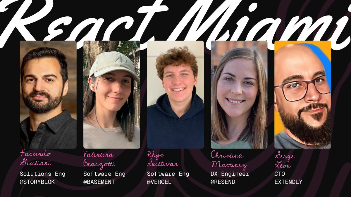 ReactMiamiConf's tweet image. Help us extend a warm welcome to our first 5 speakers of React Miami 2026!!
🌴 @facundozurdo, @storyblok
🐠 @valebearzotti, @basementstudio
🦜 @RhysSullivan, @vercel
🌺 @_christinacodes, @resend
🥭 @cbnsndwch, @getextendly
We can't wait to learn from you! Sea you in Miami!