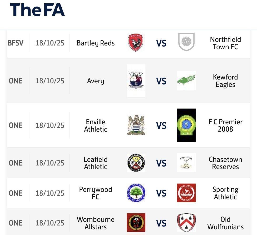 West Midlands (Regional) League (@wmrfl) on Twitter photo Tomorrow's <a href="/wmrfl/">West Midlands (Regional) League</a> Division 1 fixtures. ⬇️
1st v 2nd and a <a href="/BirminghamFA/">Birmingham County FA</a> Saturday vase tie involving <a href="/BRFC_UTR/">Bartley Reds FC</a>
Good luck all.
#Nonleague #WMRL Tomorrow's <a href="/wmrfl/">West Midlands (Regional) League</a> Division 1 fixtures. ⬇️
1st v 2nd and a <a href="/BirminghamFA/">Birmingham County FA</a> Saturday vase tie involving <a href="/BRFC_UTR/">Bartley Reds FC</a>
Good luck all.
#Nonleague #WMRL