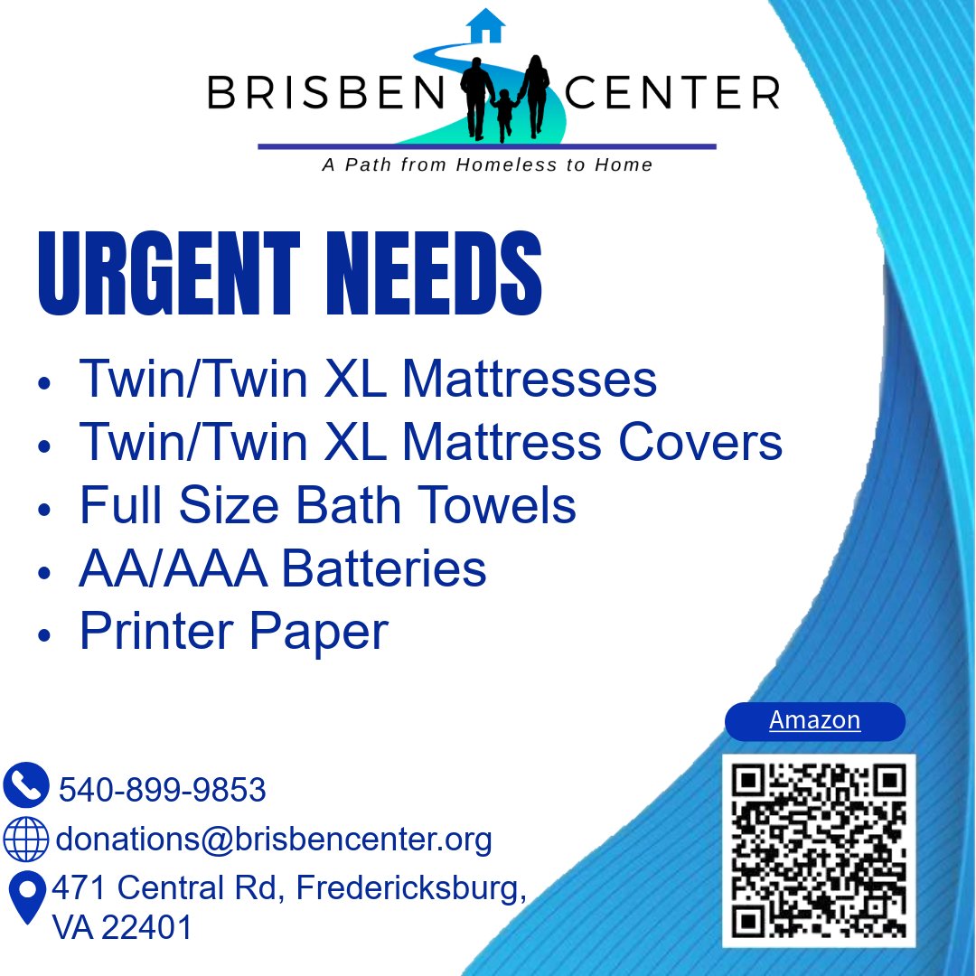 brisbencenter's tweet photo. 🚨Urgent Needs Alert!🚨
🛌Twin/Twin XL Mattresses
🛏️Twin/Twin XL Mattress Covers
🚿Full Size Bath Towels
🔋AA/AAA Batteries
📜Printer Paper
-Drop-off location: The Brisben Center
-call us at: 540-899-9853
Or order directly through our Amazon Wishlist:
https://t.co/5yZeaqydn8... https://t.co/5Uc6jHGHeO