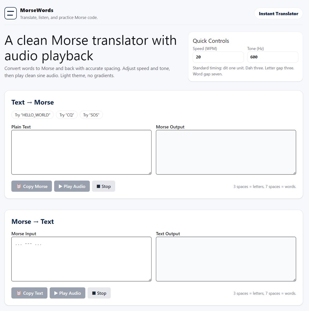 SuhasSunder's tweet photo. Learn Morse code the easy way!

Type text and hear the dits and dahs instantly with adjustable speed and tone.

Includes a full A–Z translator, audio playback, practice quiz, and upcoming word game for daily training.

https://t.co/T9i2FHldoG Instantly Translate, Listen &amp; Learn https://t.co/BnRNDaDG8R