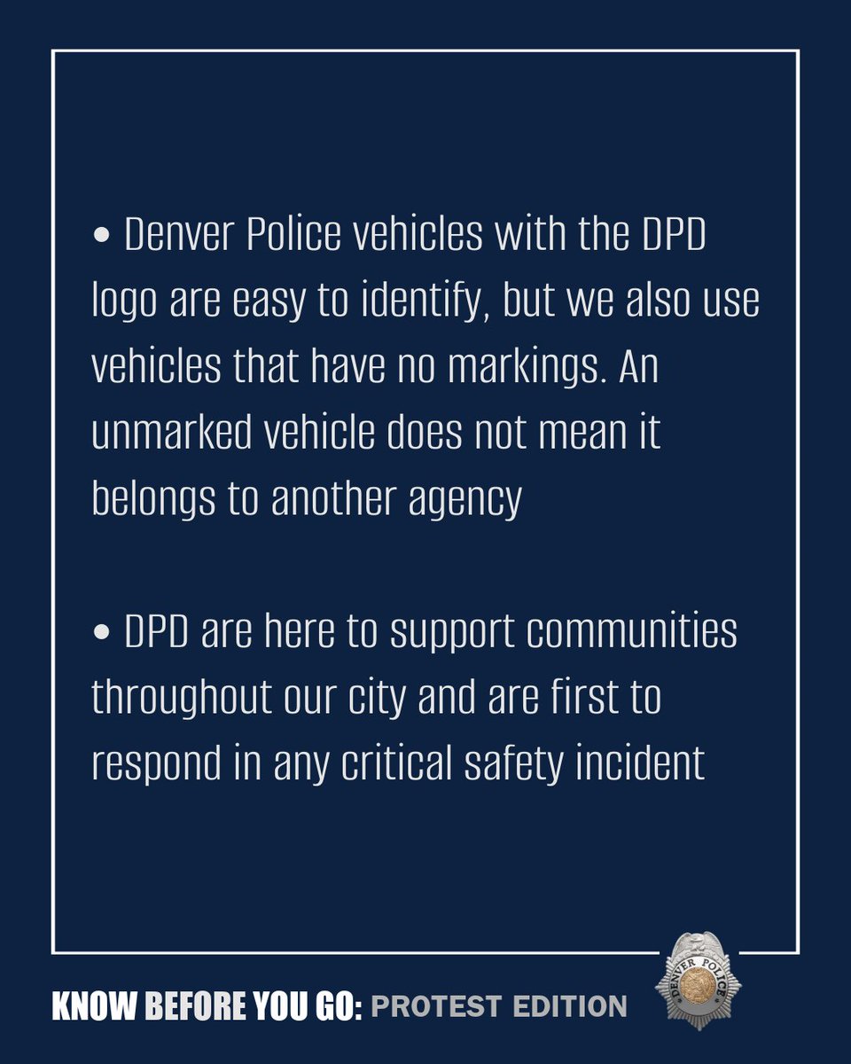 Your #Denver Police Department supports the right to peacefully protest and is committed to ensuring community safety, transparency, and trust during demonstrations.

#KnowBeforeYouGo