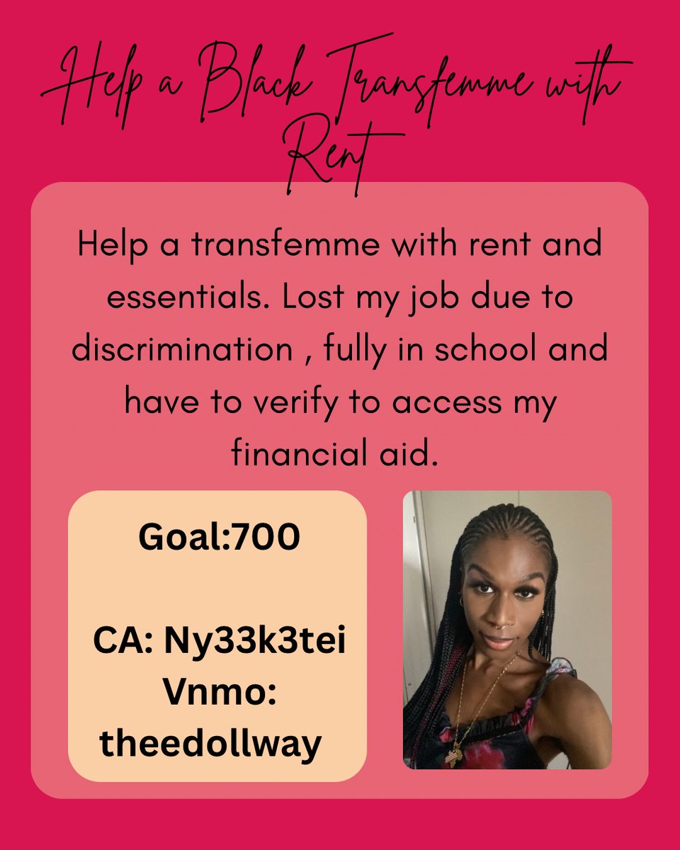 Previous crowdfund never finished, rent is due again on top of late bills. Please help support a struggling transfemme

CA: ny33k3tei
Vnmo: theedollway
