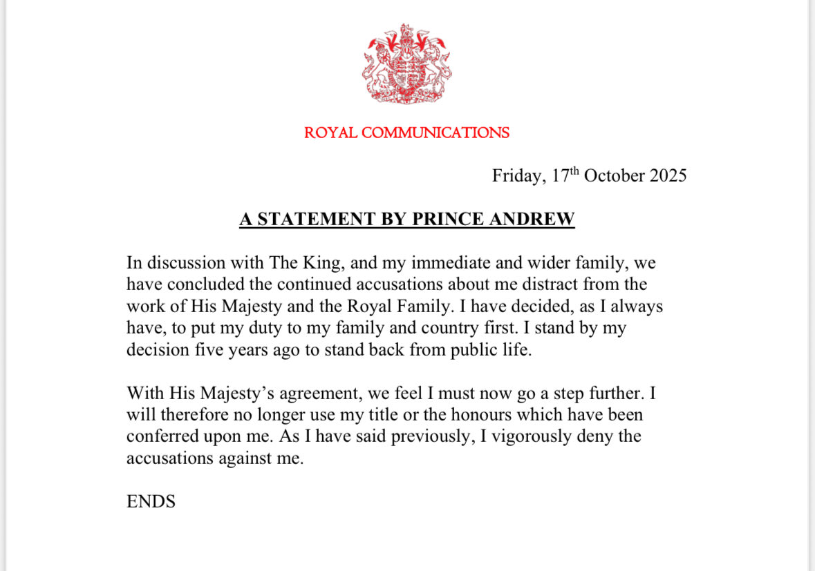 BREAKING: Prince Andrew to give up all his titles and honours, including Duke of York.