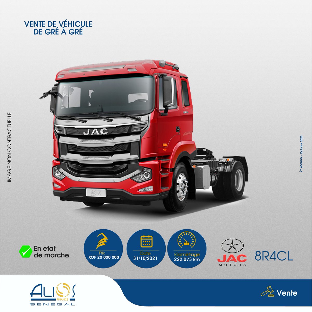 🚨Véhicule toujours disponible au Sénégal🚨
Un tracteur routier deux places de marque JAC.

🗓️ Date limite de vente : 10/11/2025
💰 Prix : XOF 20.000.000

📨 propositionachats.sn@alios-finance.com

➡️ infovente.sn@alios-finance.com

📞 Contacts : 78 530 19 07 / 77 369 50 79