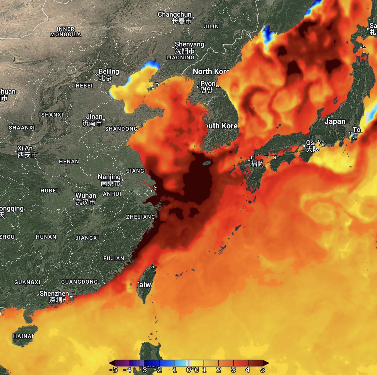 The most severe marine heatwave on Earth has developed off the coast of China, where ocean temperatures are up to 5.5°C (10°F) above normal.

NOAA has categorized this as a beyond extreme Category 5 marine heatwave.