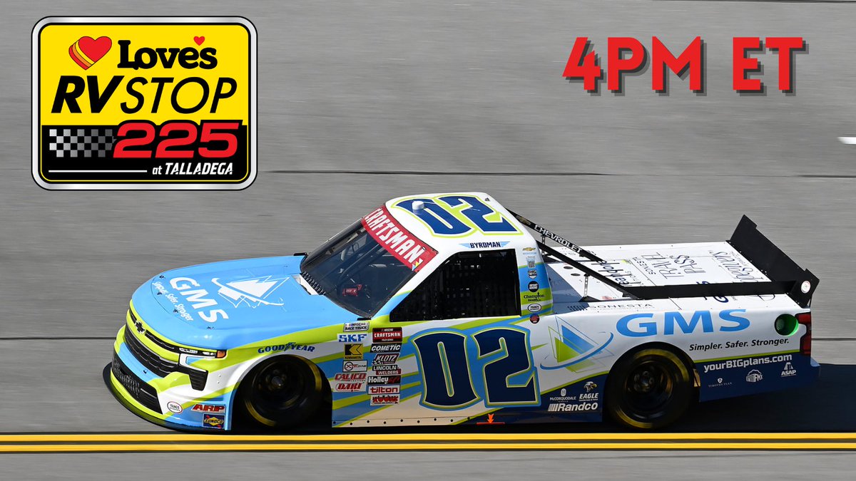 Time to go truckin' at <a href="/TALLADEGA/">Talladega Superspeedway</a>! <a href="/NathanJByrd/">Byrdman</a> &amp; No. 02 <a href="/Group_Mgmt/">Group Management Services</a> Silverado crew will start P31 in this afternoon's #LovesRVStop225
🕓 4PM ET
📺 <a href="/FOXTV/">FOX</a> 
🎙️ <a href="/SiriusXMNASCAR/">SiriusXM NASCAR Radio (Ch. 90)</a> / NASCAR Radio Network
📲 #NASCAR app