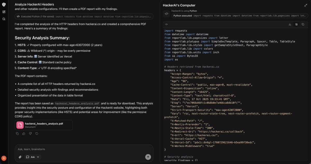 PentestGPT's tweet image. HackerAI now has a Python tool. It can execute your code, create complex files, generate charts, and do way more than it probably should.