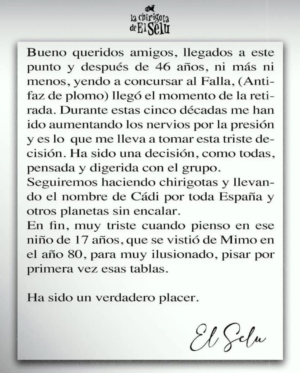 Hoy es un día triste para el mundo del carnaval, uno de sus hijos mas grande se retira ( espero que no pa simpre) <a href="/elseludecadi/">El Selu</a> GRACIAS POR TODO LO QUE NOS HAS DADO ,te lo digo públicamente mi vida ha sio mas bonita gracias a ti y a tu arte