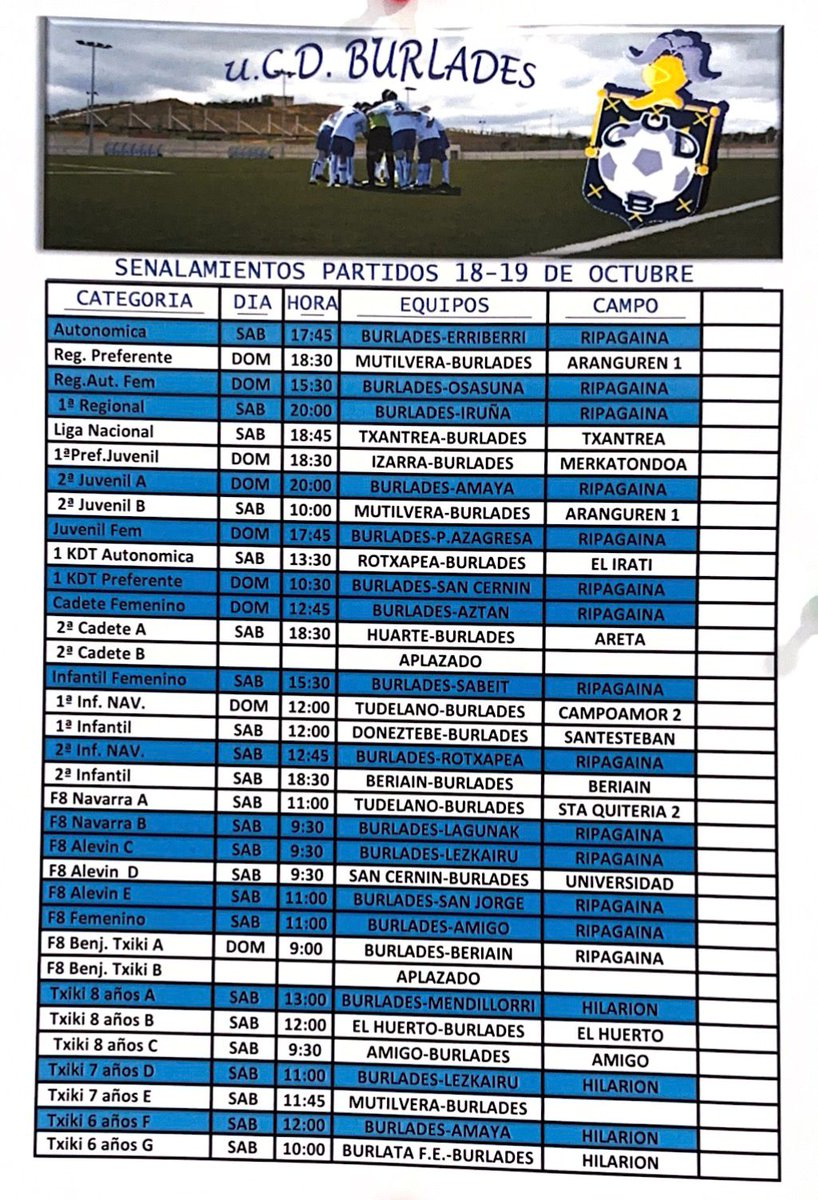Estos son los señalamientos de todos nuestros equipos para este fin de semana.

MUCHA SUERTE A TOD@S.

#cantera |🔷⬜