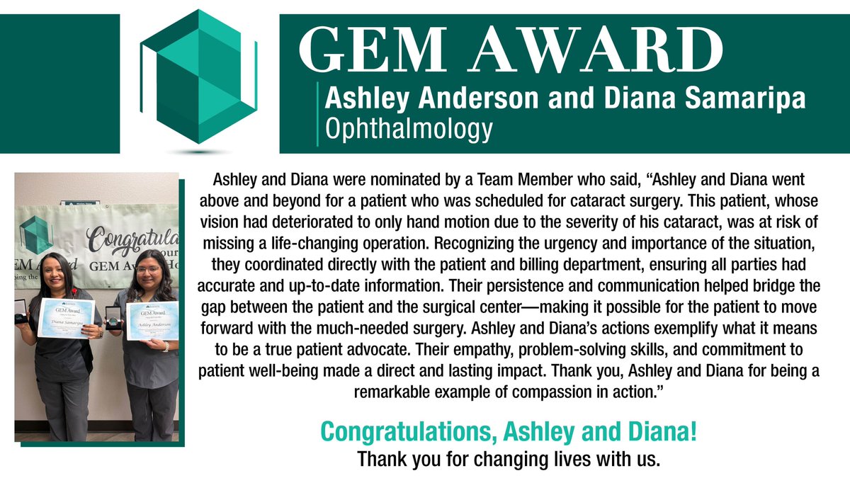 GEM Award Winners, Ashley Anderson and Diana Samaripa, Ophthalmology
#changinglivestogether #exceptionalpeople