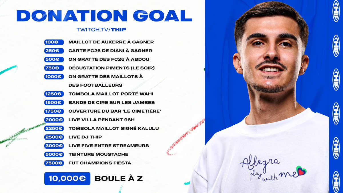 Je vous présente mes Donations Goals de mon Live Caritatif 30h! 🔥

Début demain à 8h30 avec un maillot de Patrick Kluivert signé en Tombola &amp; DIMANCHE À 13h pour un maillot de Mbappé Équipe de France 2022 signé 👀‼️