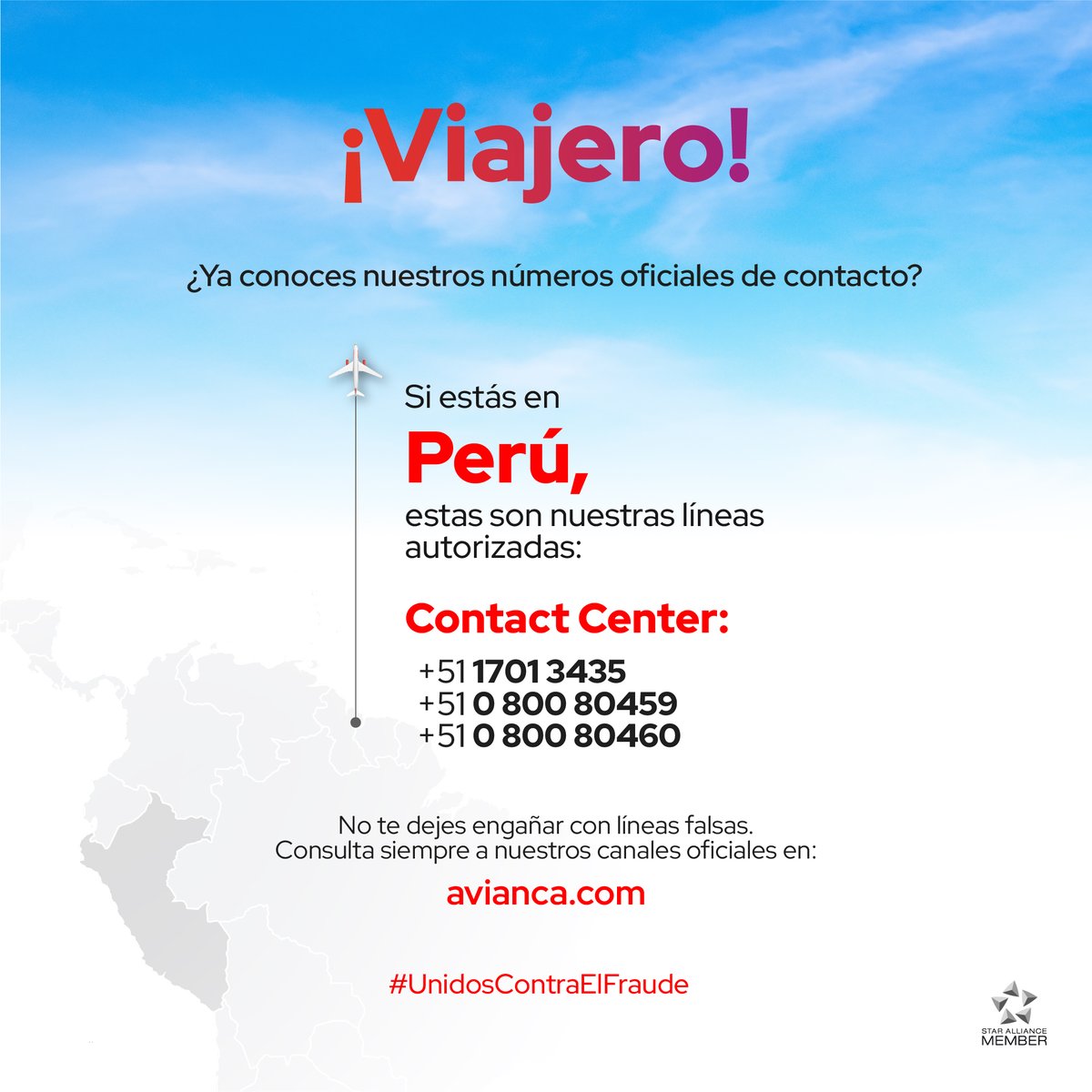 #Perú: Conoce todos nuestros canales de atención y elige el que más te guste. 

Estamos aquí para guiarte antes, durante y después de tu vuelo: avianca.com/es/sobre-nosot…. ☁️✈️ #UnidosContraElFraude