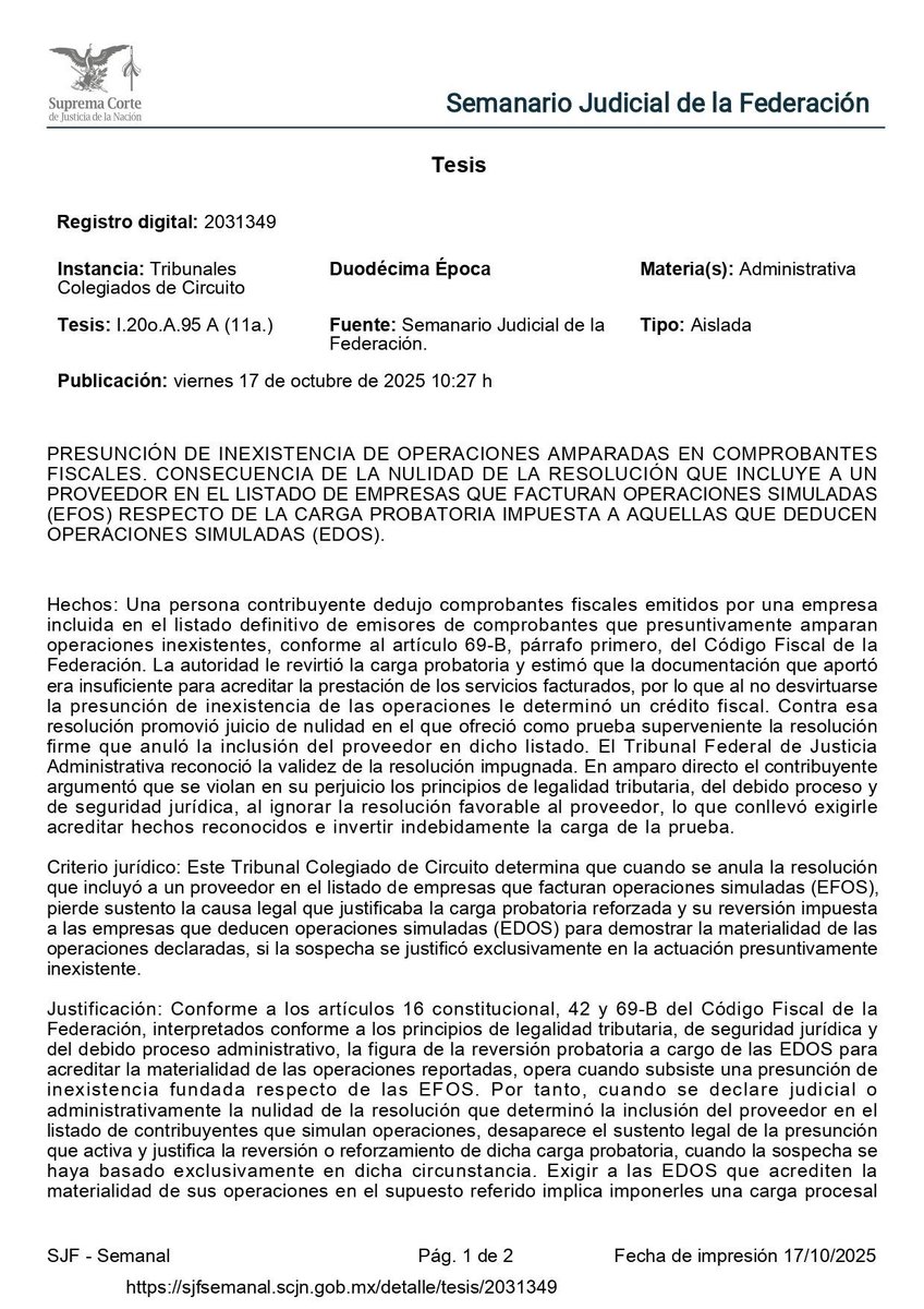 ColNacTrib's tweet image. 👀 📜 Viernes de #Jurisprudencia | La nulidad de la resolución que incluye a un proveedor en el listado de #EFOS elimina la presunción de inexistencia de operaciones, dejando sin sustento la carga probatoria reforzada sobre las #EDOS para acreditar la materialidad de las…