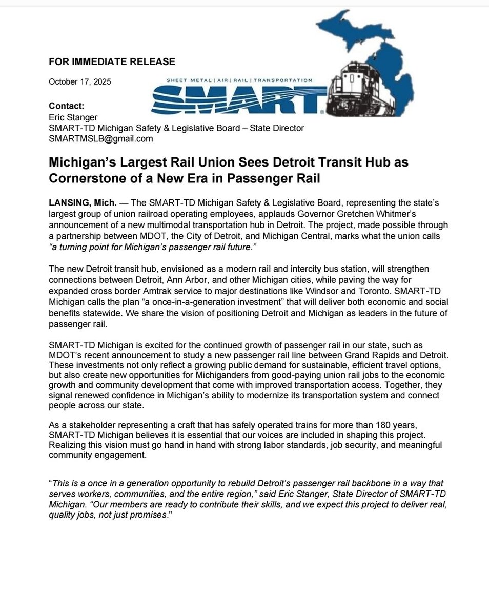 nate_hatton's tweet image. 🚆 Michigan’s largest rail union, SMART-TD, welcomes the new Detroit Transit Hub, a cornerstone for a new era in passenger rail.
We’re proud to see Michigan investing in rail jobs, connectivity, and the future of public transportation. @MDOT_Rail @GovWhitmer