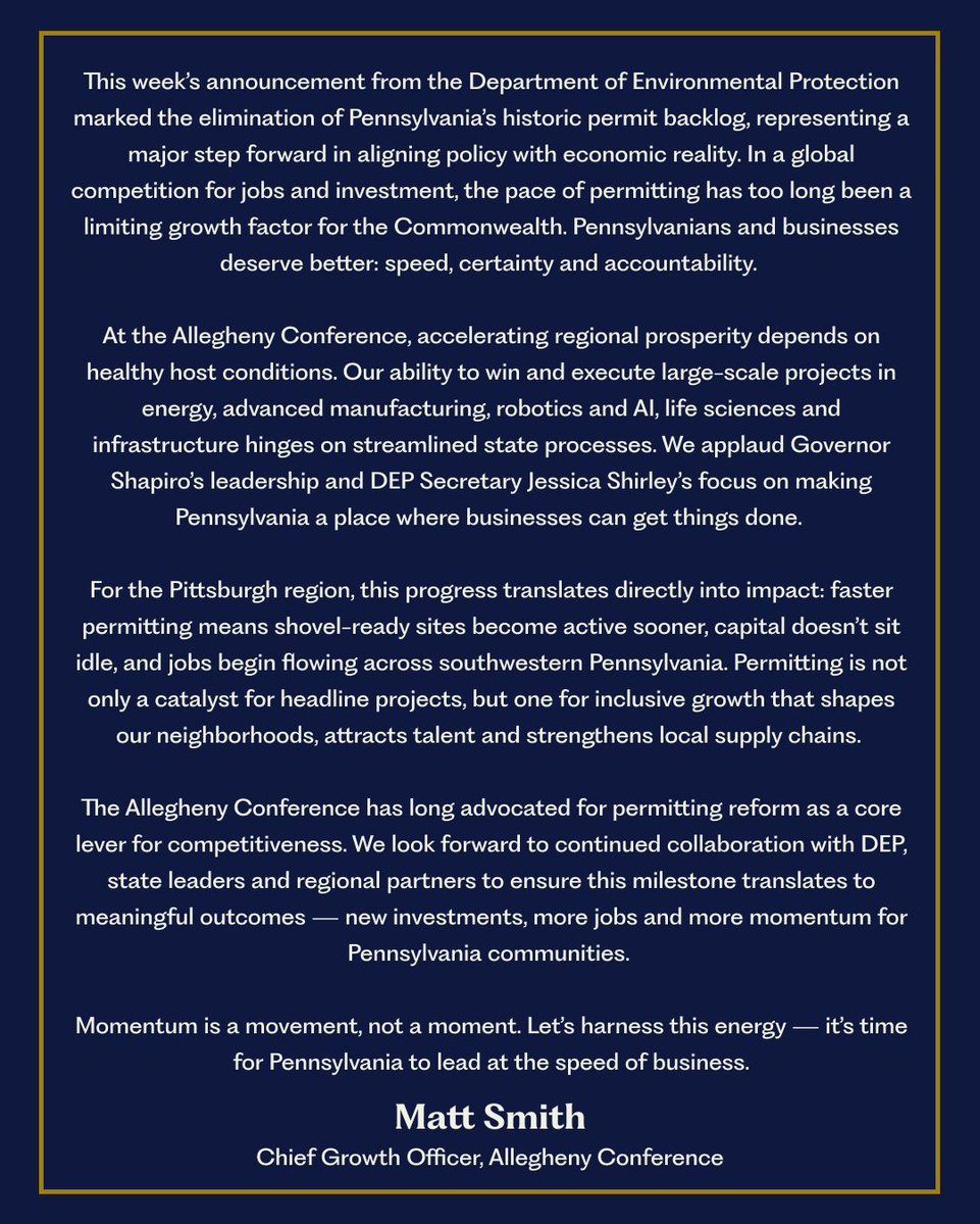 Governor Josh Shapiro (@governorshapiro) on Twitter photo This week, the <a href="/PennsylvaniaDEP/">PA Department of Environmental Protection</a> officially eliminated the historic permit backlog โ and it's a big damn deal.
As the Allegheny Conference on Community Development said: We're ready to build on this milestone to secure more investments, create more jobs, and deliver for our This week, the <a href="/PennsylvaniaDEP/">PA Department of Environmental Protection</a> officially eliminated the historic permit backlog โ and it's a big damn deal.
As the Allegheny Conference on Community Development said: We're ready to build on this milestone to secure more investments, create more jobs, and deliver for our