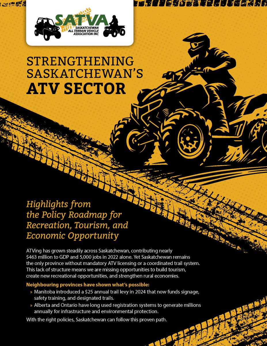 Benchmark_P_R's tweet photo. Saskatchewan is the only province without ATV licensing or a coordinated trail system. SATVA’s new report shows how we can change that — and grow recreation, safety &amp; rural tourism. Contact us for a copy. https://t.co/1geTQfWxSu