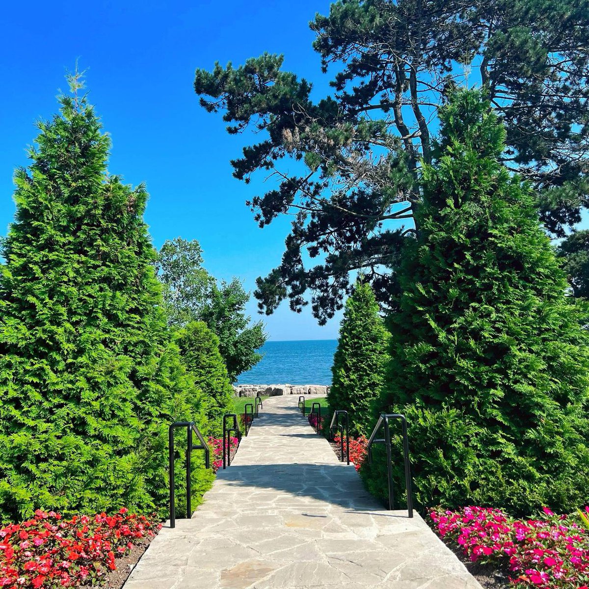 AhRim560's tweet photo. Follow the path where the vibrant emerald green meets the deep blue water. This view is the reward! 💚🌊☀️ #PathwayToTheSea #VibrantColors #TravelGoals #LakesideViews https://t.co/KhiFPNH3jj