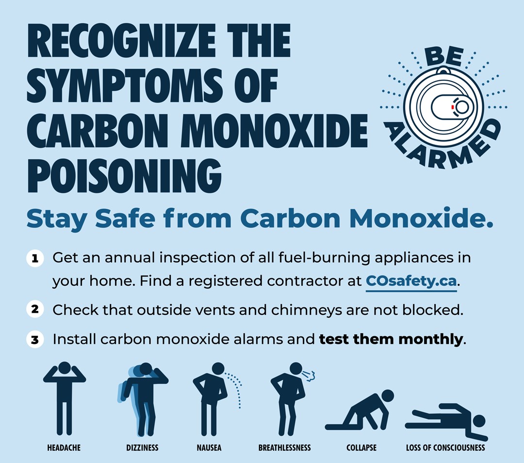 Carbon monoxide poisoning produces varying symptoms  If you and/or your family members are experiencing any of these symptoms, while you are in your home, you may have CO present. GET OUT AND DIAL 9-1-1! 
 #COSafety #CONoTasteNoSmellNoSound #CarbonMonoxideAwareness
