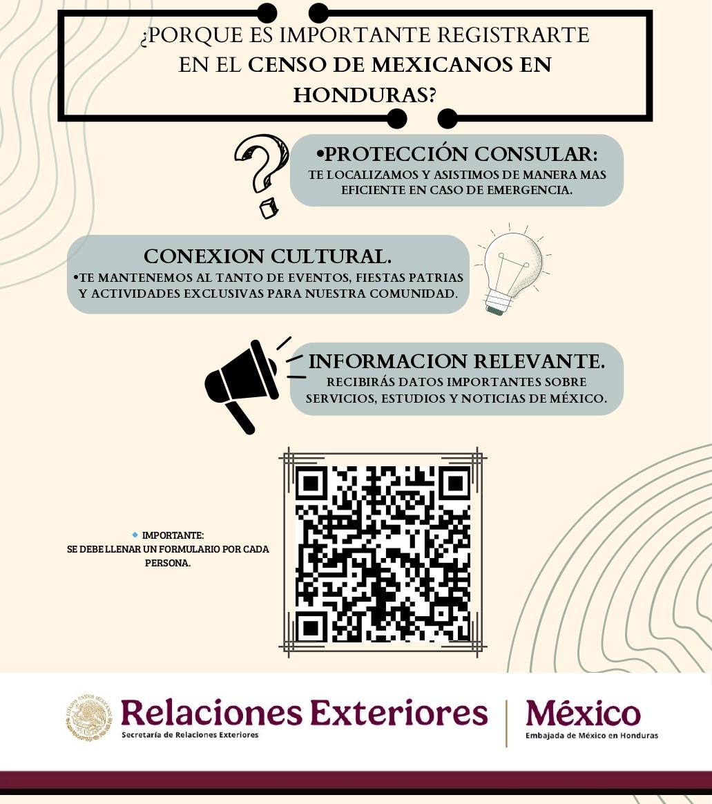 ¡Atención, comunidad mexicana en Honduras! 🇲🇽

Tu registro en el Censo de Mexicanos Residentes es esencial para que tu Embajada te conozca, proteja y mantenga informado.

📲 Escanéa el QR y regístrate en 5 min.
👉 Es por persona y solo para ciudadanos mexicanos.