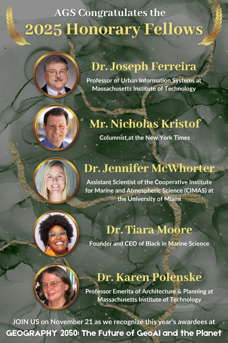 The 2025 Honorary Fellows are leaders in academia, journalism, marine science, &amp; advocacy! This honor is for individual achievements that have advanced geographical understanding &amp; positively impacted society. They'll be recognized at Geo2050 this Nov. 21: geography2050.org