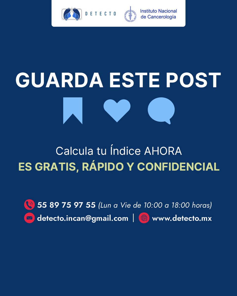 🎯 Calcula tu índice GRATIS en detecto.mx

📍Agenda tu valoración gratuita en la Clínica DETECTO (INCan):
📞 55 89 75 97 55
📩 detecto.incan@gmail.com

#ÍndiceTabáquico #SaludPulmonar #DetecciónTemprana #SaludRespiratoria #CuidaTusPulmones