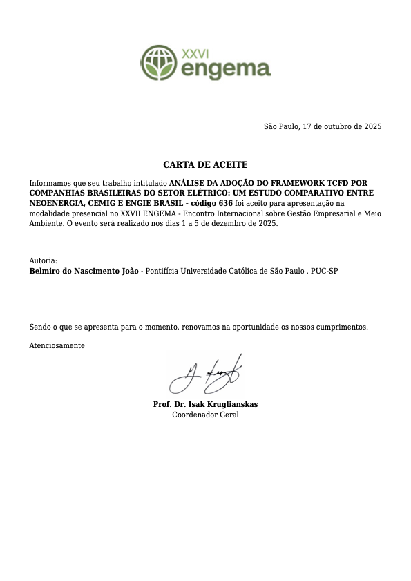 Aqui um estudo, no setor elétrico brasileiro, da adoção do framework TCFD (Task Force on Climate-related Financial Disclosures)