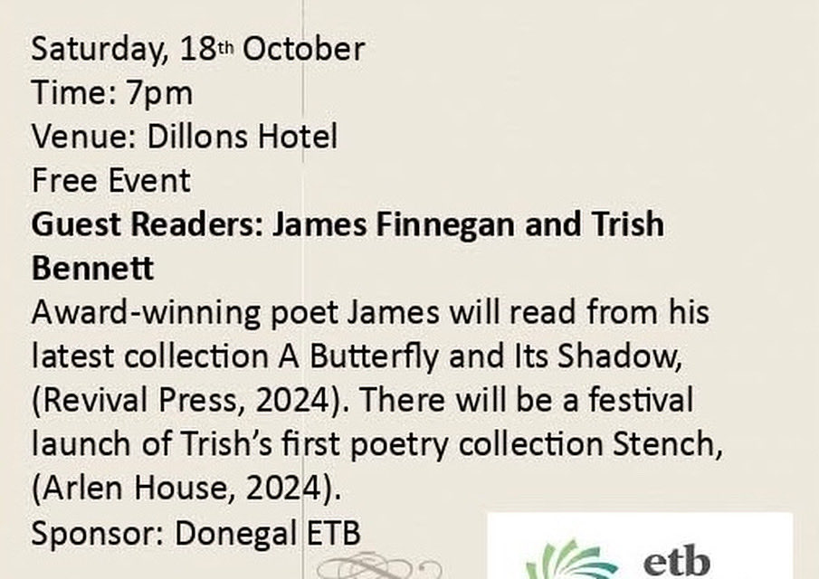 Don’t say I didn’t warn ye. 

I’ll be in action in @dillonshotel Letterkenny tomorrow night at 7. James Finnegan will be reading from his collections too. Thanks to <a href="/ArlenHouse/">Alan Hayes : Arlen House</a> <a href="/publishingwomen/">Publishing Women</a> for publishing ‘Stench’. See ye soon <a href="/LkennyCathQtr/">Letterkenny Cath Qtr</a> and thanks for inviting me. X