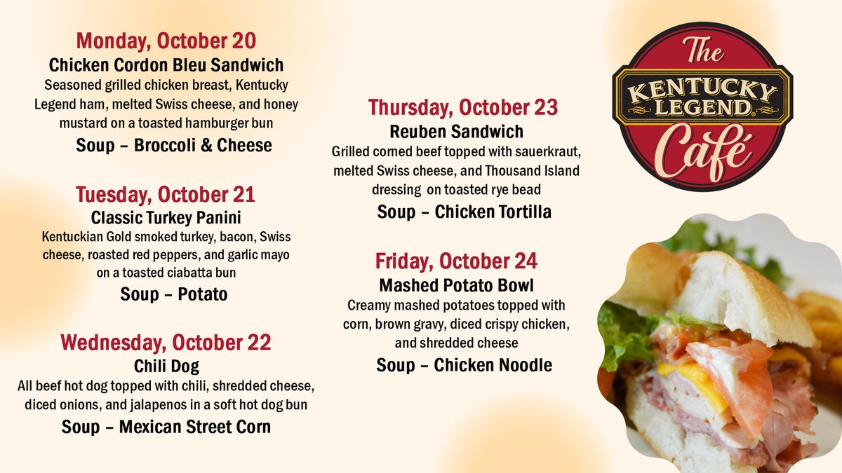 😋 Check out the Daily Lunch Specials this week at the <a href="/kentucky_legend/">Kentucky Legend</a> Cafe!    
⏰Open 10am-2pm Mon-Fri for dine-in &amp; carryout!

#LunchPlansCovered