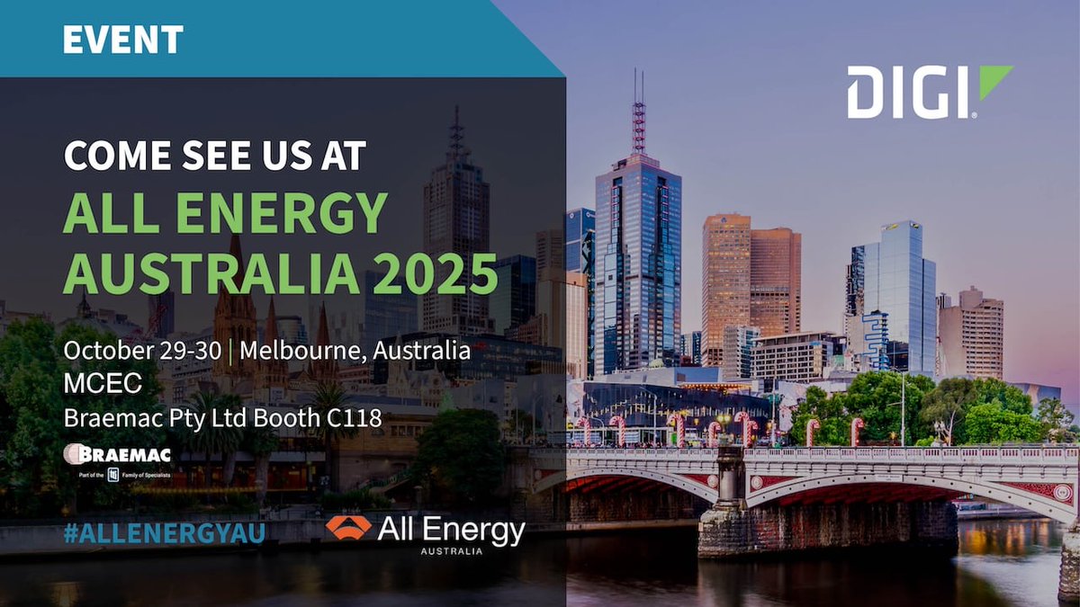 digidotcom's tweet image. Meet Digi at All Energy Australia 2025, Oct. 29–30. Find us at Braemac Booth C118. Explore carrier-certified #cellular solutions for #enterprise, #industrial and #transportation applications, and #embedded solutions built for rapid development and scale. hubs.la/Q03PbSZD0