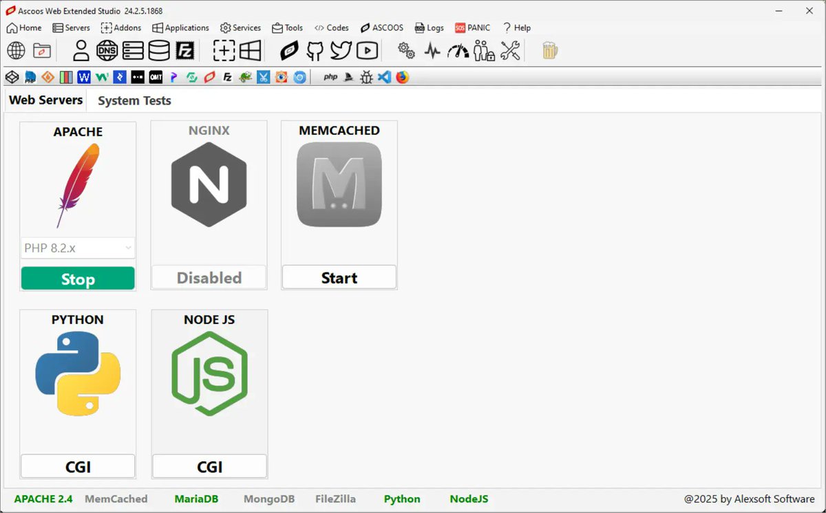 ascoos's tweet image. 🎉 One year of Ascoos Web Extended Studio (AWES) in public release! 

Free, with features commercial apps envy: PHP 5.6-8.5, MariaDB 12.x, MongoDB, Python/Node, ungoogled Chromium. No bloat, all power.

#AWES #WebDev #PHP