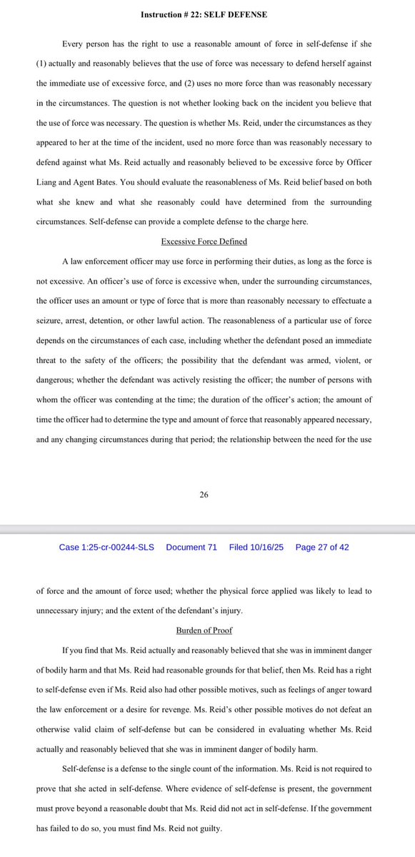 Jury instructions by Judge ✨ in the Sydney Reid trial. A DC jury just acquitted Reid for assaulting a federal officer who was detaining 2 illegals at the time.

Boy I bet every J6er charged with the 111 assault count wish they had had the same instructions…