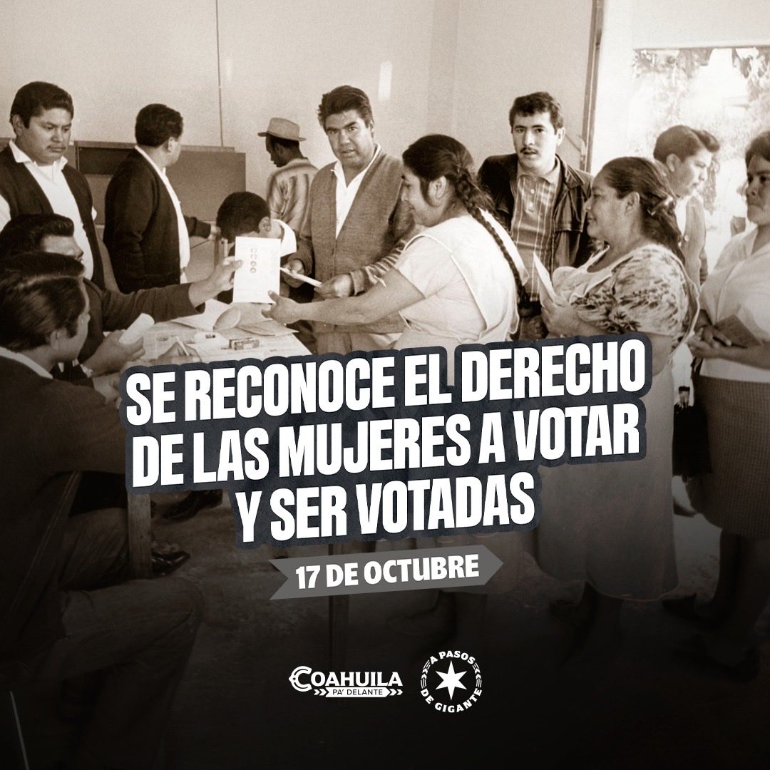 Hace 72 años, las mujeres mexicanas hicieron historia: ganaron el derecho a decidir y ser parte del cambio. 
Hoy seguimos avanzando gracias a ellas, que abrieron el camino con fuerza, valentía y convicción. 👩🏻🗳️🇲🇽
#CoahuilaPaDelante #APasosDeGigante