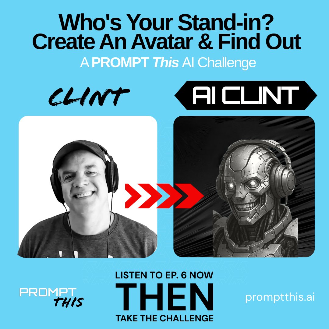 PROMPT_This_AI's tweet image. What if your next host wasn&apos;t human?

In Episode 6 of PROMPT This, AI Clint and AI Greg took over.

Would you trust AI to stand in for you?

Watch the video and take the AI Challenge!

Instructions here: zply.io/KAqepy