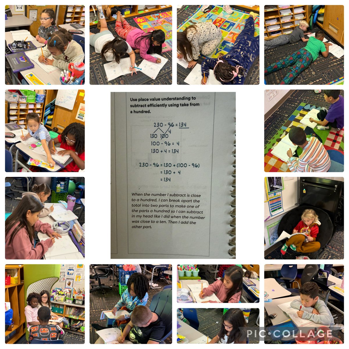 In math workshop, we learned how to take a number closest to a hundred to help us subtract! We shared our 💭 with a partner. <a href="/RobeyRockets/">Robey Elementary</a> #wearewayne 🧮