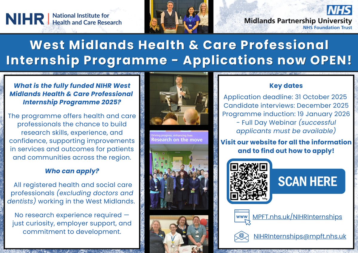 🎉Applications are NOW OPEN for the
<a href="/NIHRresearch/">National Institute for Health and Care Research</a> West Midlands Health &amp; Care Professional Internship Programme, hosted by #MPFTResearch!  

A fully funded opportunity to take your first (or next!) steps into research.  

Apply now: mpft.nhs.uk/NIHRInternships