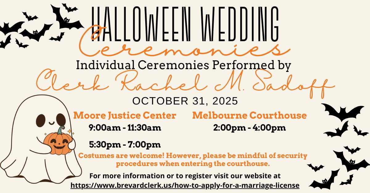 Say boo and I do this Halloween!  The Clerk’s Office is hosting Halloween wedding ceremonies on October 31st at our Viera and Melbourne branch offices, officiated by our very own Clerk Sadoff!

Spaces are limited - register now on our website!👻

#HalloweenWedding #SpookyCeremony