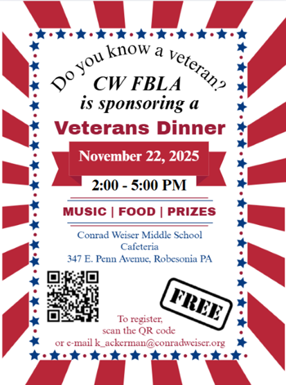 CW FBLA is hosting a free meal for veterans on Saturday, November 22, 2025. Registration is required. ❤️🤍💙
#cw_fbla #WeAreWeiser #FutureLeaders