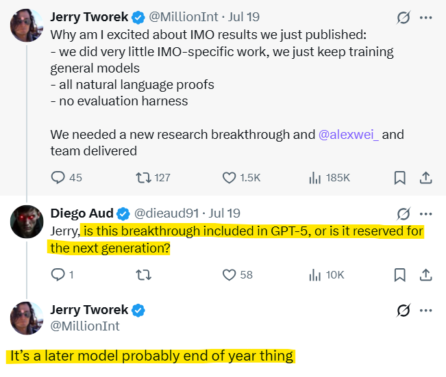 slow_developer's tweet image. GPT-6 by the end of this year is highly unlikely

instead, they will likely release the internal reasoning model that won IMO/IOI/ICPC gold

an openAI employee, after the IMO gold, tweeted that the model wasn&apos;t GPT-5 and that they plan to release it by year-end

i think GPT-6,…