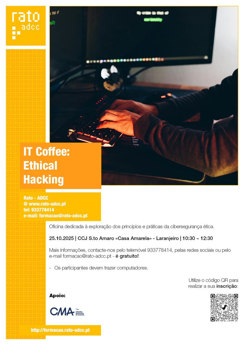 ratoadcc's tweet image. 📢
🇵🇹 No próximo dia 25 de outubro, pelas 10:30, vai realizar-se na Casa Amarela - Laranjeiro mais uma oficina &quot;IT Coffee&quot; sobre &quot;Ethical Hacking&quot;.

Esta atividade é apoiada pelo @CMAlmada.
 
Utiliza o código QR para a inscrição.

#SempreAAprender
. . .
🇬🇧#IT workshops for #Youth