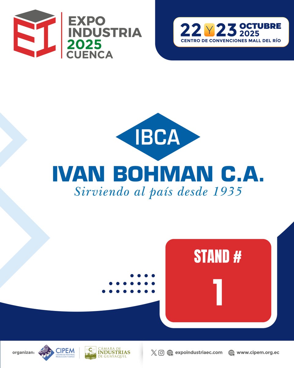 ⚙️ Ivan Bohman C.A. estará en ExpoIndustria Cuenca 2025 el 22 y 23 de octubre en el Centro de Convenciones Mall del Río.

📍 Visítalos en el Stand #1 y conoce su amplia gama de aceros, soldaduras, bombas, motores, herramientas y equipos para el sector agrícola e industrial.