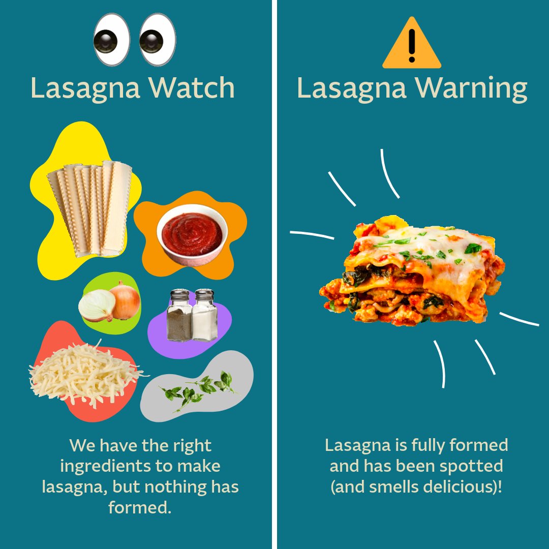 CCDES's tweet photo. Okay, we know, you've seen a Watch vs Warning post before...but are you ready for lasagna?
Lasagna Watch: Pasta sheets have been spotted 👀
Lasagna Warning: Lasagna is in the oven. Proceed with fork in hand ⚠️🍴
#NationalPastaDay #EmergencyPreparedness #WatchvsWarning https://t.co/74XWtZ9A9n