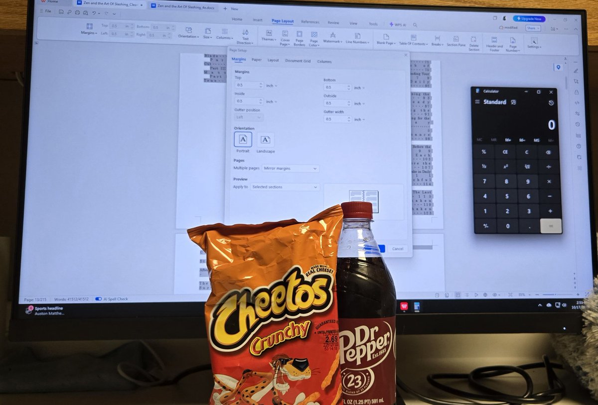 PhelanMackenzie's tweet image. The Great Margin Rebellion continues...
The 6×9 faction has fallen.
Reinforcements (Cheetos &amp;amp; Dr Pepper) are holding the line.
Victory is uncertain.

#WriterLife 
#IndiePublishing  #CreativeStruggle #AuthorHumor #WriterProblems  #BehindTheBook