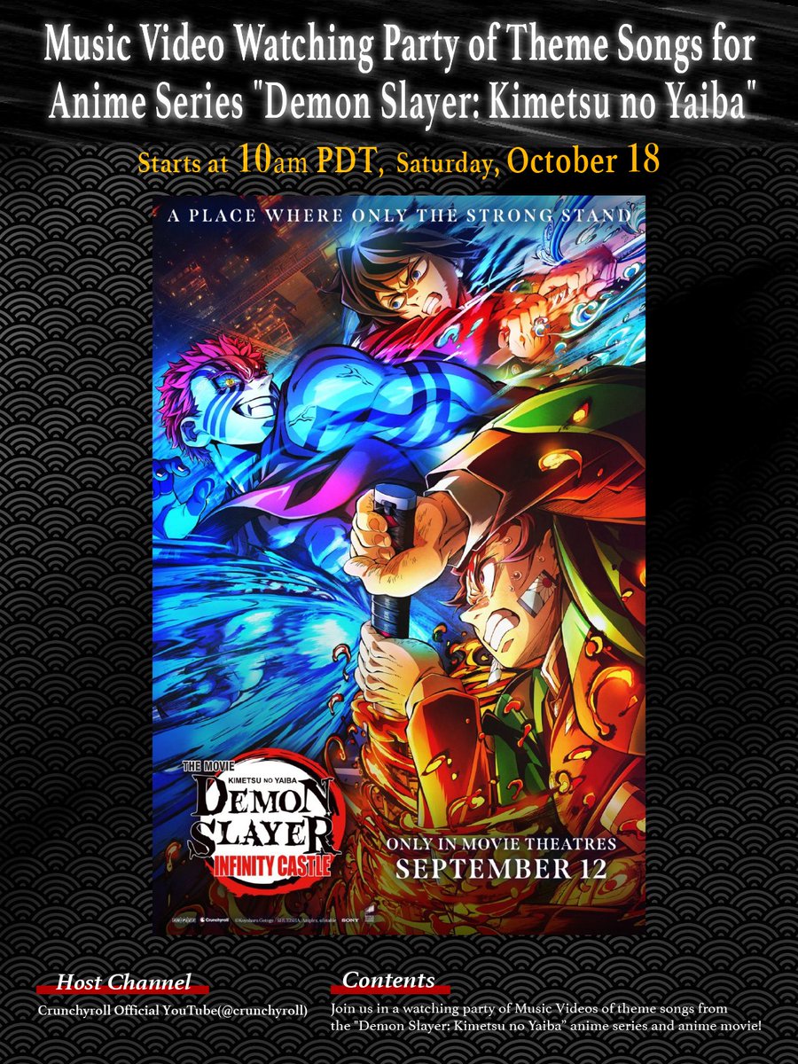 Crunchyroll's tweet image. Tune in to the Crunchyroll YouTube channel tomorrow from 10 AM PT for a Demon Slayer: Kimetsu no Yaiba music video marathon! 🔥 Featuring music by LiSA, Aimer, and more ✨ got.cr/KNYMVmarathon